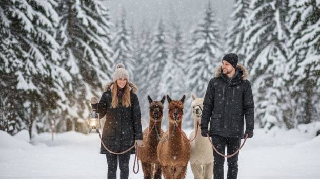 Alpakas und zwei Personen im Schnee
